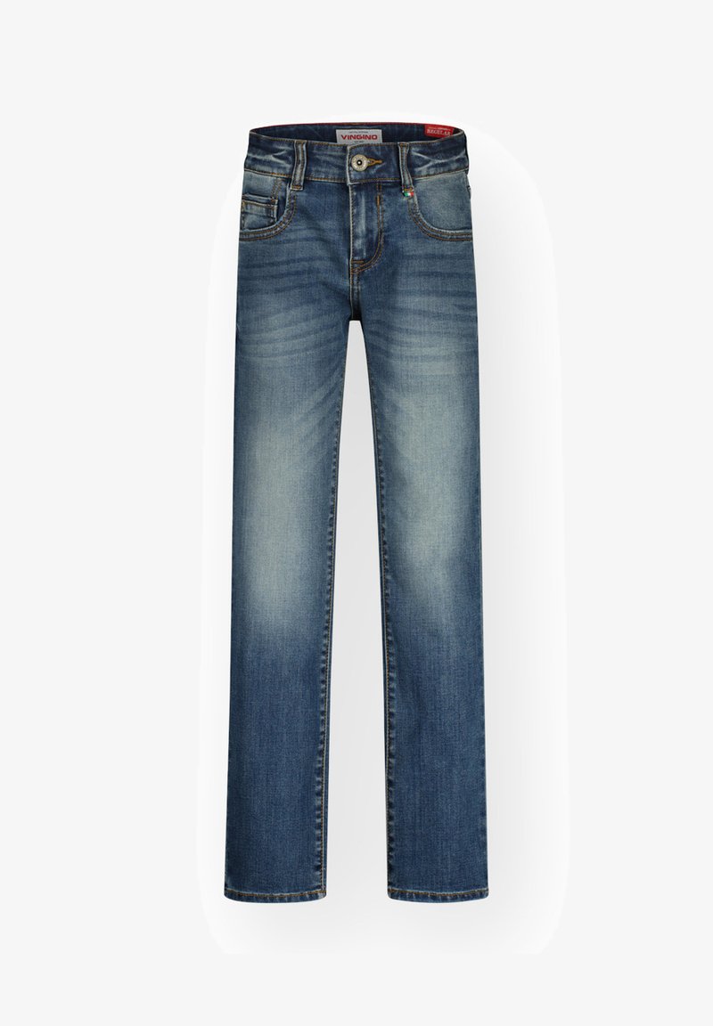 Σκούρο μπλε τζιν παντελόνι με ίσια πόδια, με ξεθώριασμα κατά μήκος των μηρών, πέντε τσέπες και λωρίδα μέσης με επωνυμία.