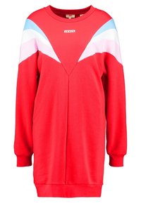 Rotes Sweatshirtkleid mit langen Ärmeln, V-Ausschnitt und farblich abgestimmten Akzenten in Blau, Pink und Weiß. Weicher Stoff.