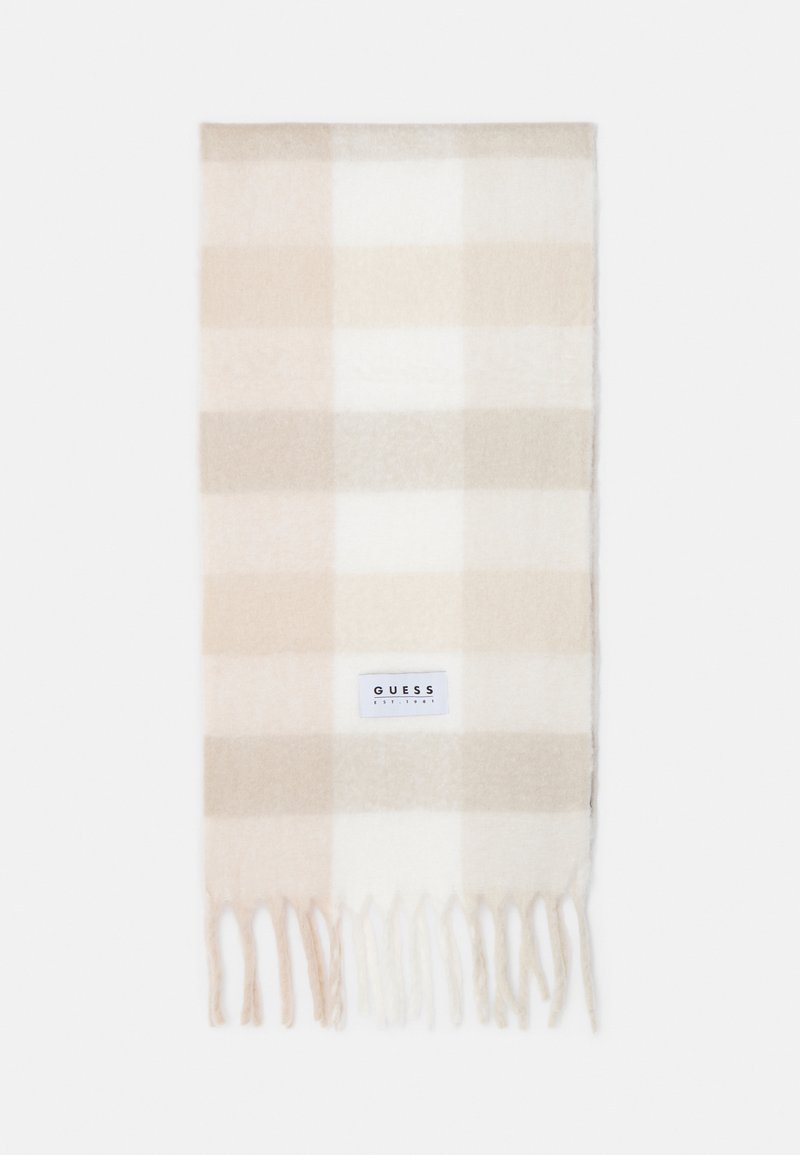 Beige geruite sjaal van zacht materiaal, met afwisselend lichte en donkere vierkanten, franjes aan de randen en een merklabel aan de onderkant.