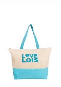 Bolsa de tote de lienzo con asas y sección inferior en turquesa. Presenta "LOVE LOIS" en letras turquesas en negrita y bordadas sobre un fondo beige.