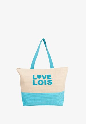 Bolsa de tote de lienzo con asas y sección inferior en turquesa. Presenta "LOVE LOIS" en letras turquesas en negrita y bordadas sobre un fondo beige.