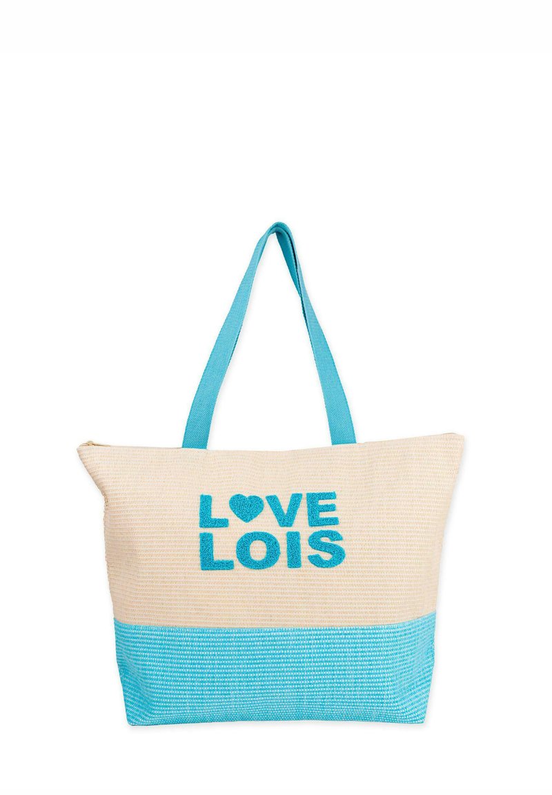 Bolsa de tote de lienzo con asas y sección inferior en turquesa. Presenta "LOVE LOIS" en letras turquesas en negrita y bordadas sobre un fondo beige.
