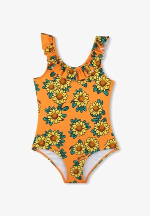 Costume intero arancione brillante, con motivo di girasoli e dettagli con volant sullo scollo. Realizzato in tessuto elasticizzato.