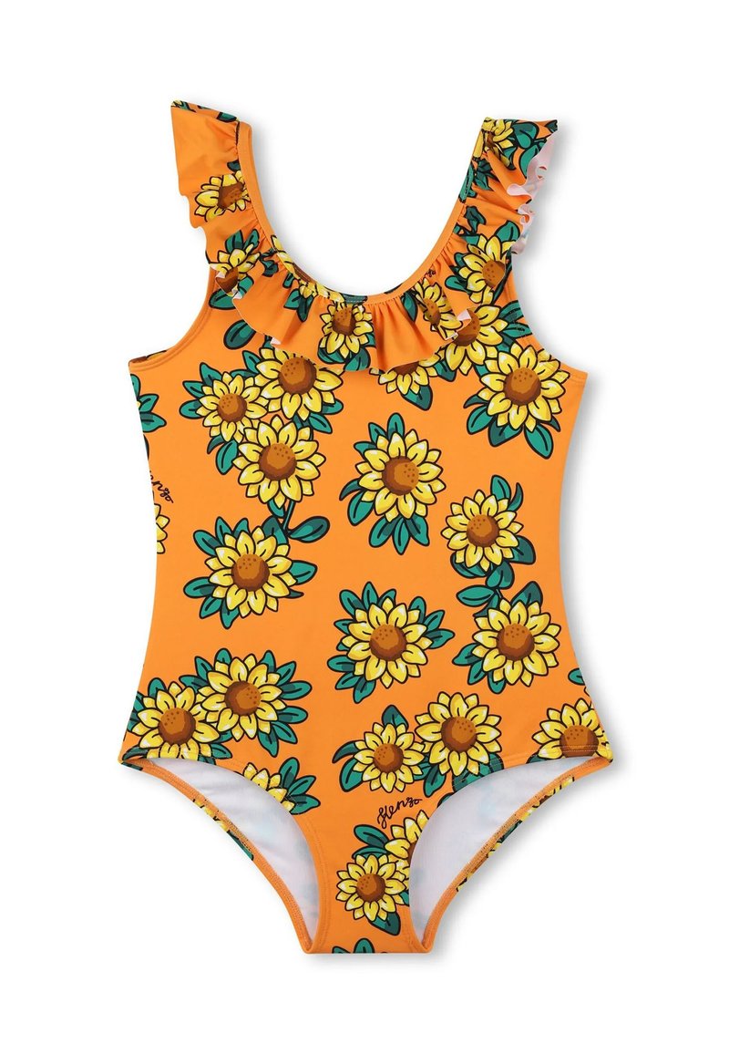 Costume intero arancione brillante, con motivo di girasoli e dettagli con volant sullo scollo. Realizzato in tessuto elasticizzato.