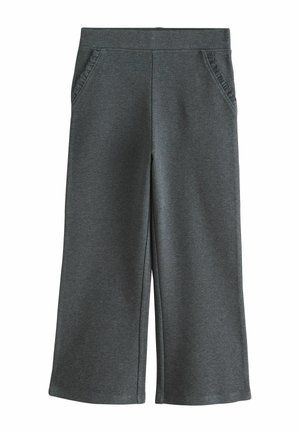 Pantalon large gris foncé avec taille élastique et poches avant inclinées bordées de volants.