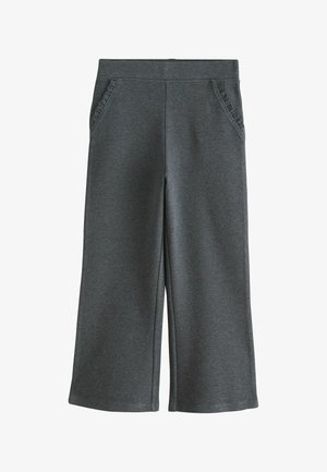 Dunkelgraue Hosen mit weitem Bein, elastischem Bund und schräg geschnittenen Vordertaschen mit Rüschensaum.
