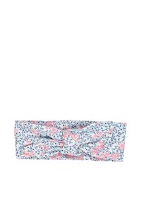 Floral headband in light blue fabric, featuring a knot at the center, adorned with pink flowers and green leaves in a pattern.