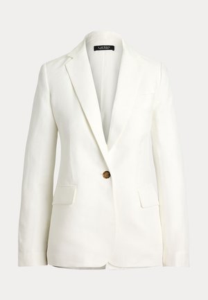 White linen blazer featuring a single button closure, notch lapels, two front pockets, and a tailored silhouette.