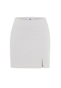 Ljusgrå mini kjol med raka skärningar och en sidopartisk. Tillverkad av slät tyg, med en enkel, ren design utan mönster.