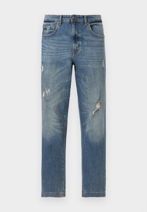 Jeans azules de corte recto con lavado desgastado y rasgaduras desgastadas en muslos y rodillas, con bolsillos delanteros y traseros y trabillas para cinturón.