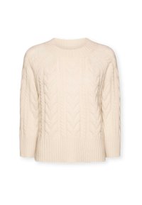 Maglione crema a lavorazione a trecce con scollo rotondo, polsini e orlo a costine. Presenta motivi testurizzati e una vestibilità rilassata.