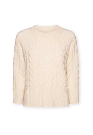 Kerma kaapeli-neulottu villapaita, jossa pyöreä kaula-aukko, ribattu hihansuu ja helma. Sisältää teksturoituja kuvioita ja rennon istuvuuden.