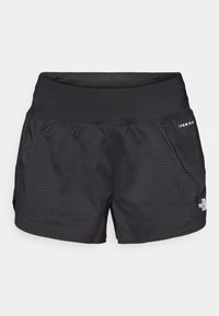 Svarte løpeshorts med strukturert stoff, elastisk midjebånd og sidelommer; har en liten logo på framsiden.