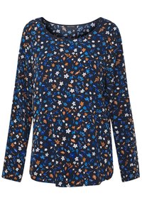 Maglietta a maniche lunghe con sfondo blu navy, decorata con un motivo floreale in blu, bianco e arancione. Collo arrotondato e vestibilità comoda. Texture morbida.