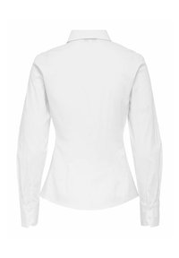Blusa bianca a maniche lunghe con colletto a punta, forma aderente, polsini con bottone e tessuto morbido e resistente alle pieghe. Nessun motivo o decorazione.