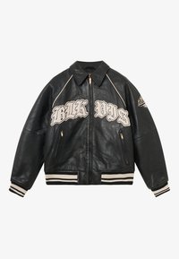 Black leather bomber jacket with beige embroidered text "BLK VIBZ," gold zipper, and ribbed knit cuffs and hem. Features contrasting stitching.
