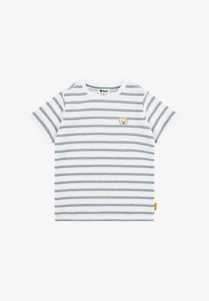 Witte t-shirt met korte mouwen, voorzien van blauwe horizontale strepen en een kleine berenpatch op de borst. Heeft een ronde halslijn en een zachte textuur.