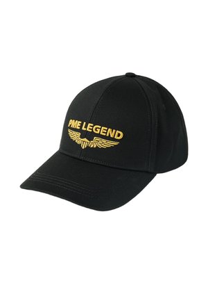 Gorra de béisbol negra con visera curva que presenta texto bordado en dorado "PME LEGEND" y un emblema alado debajo del texto.
