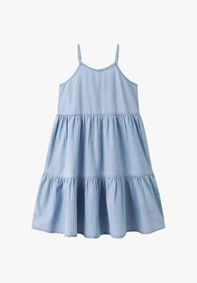 Svijetloplava ljetna haljina bez rukava s tankim naramenicama i ležernim krojem u slojevima.