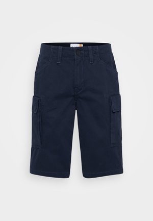 Sügavsinised kaubanduslikud lühikesed püksid, mis on valmistatud puuvillast, küljetaskute, nööpkinnituse ja tikandi detailidega. Sirge lõige ja põlvepikkune äär.