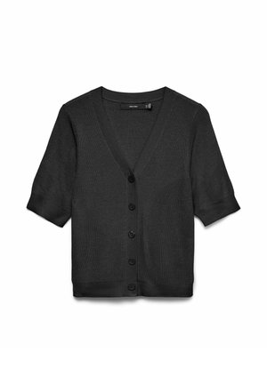 Cardigan noir en maille à manches courtes avec col en V et cinq boutons sur le devant, poignets et ourlet côtelés.