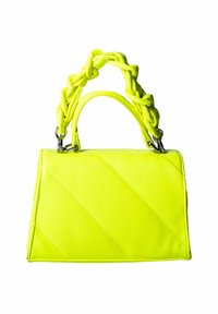 Borsa a mano gialla neon, pattern trapuntato, forma rettangolare strutturata, con manico intrecciato e dettagli metallici argentati.