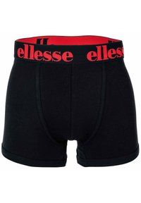 Schwarze Herren-Boxershorts mit einem roten Bündchen, auf dem der Markenname "ellesse" wiederholt angebracht ist.