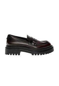 Dark brown polished leather loafer with chunky black lug sole and classic penny strap design.