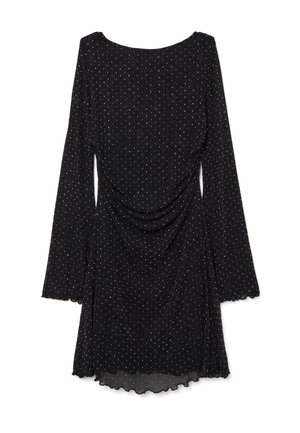Vestido mini negro de manga larga con puntos plateados, textura acanalada, detalle de cintura drapeada y dobladillo y puños con volantes.