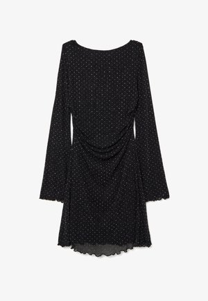 Schwarzes kurzärmeliges Minikleid mit silbernen Punkten, geripptem Textur, drapiertem Taillenbereich sowie Rüschensaum und -manschetten.