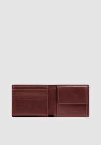 Burgundy leather wallet with multiple card slots, a clear ID pocket, and a section for cash. Smooth texture and stitched edges.