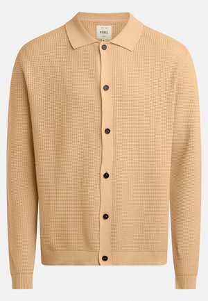 Beige cardigan with a textured knit design, featuring a classic collar, front button closure, and ribbed cuffs and hem.