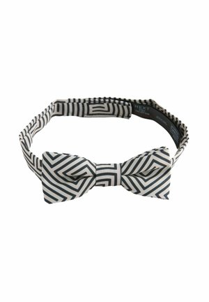 Fekete-fehér geometriai mintás szövet csokornyakkendő állítható pánttal és kapcsos rögzítéssel.