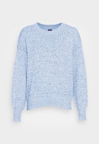 Light blue knit sweater with a textured pattern, round neckline, and long, slightly puffed sleeves. Ribbed cuffs and hem.