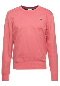 Sudadera rosa hecha de un tejido suave, con un cuello redondo con canalé, mangas largas y un pequeño logo verde en el lado izquierdo del pecho. Diseño simple.