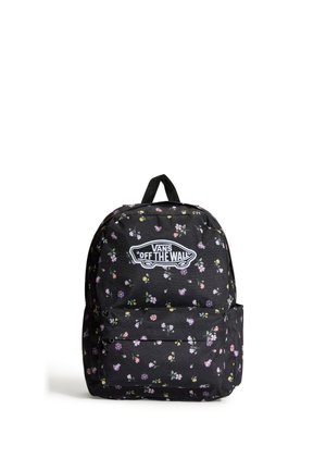 Mochila negra con pequeño estampado floral colorido y logo blanco Vans "Off The Wall" en el bolsillo frontal, asa única en la parte superior.