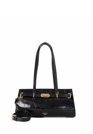 Sac à main noir embossé effet crocodile avec double poignée, boucle dorée, bandoulière amovible et logo « Dune » à l'avant.