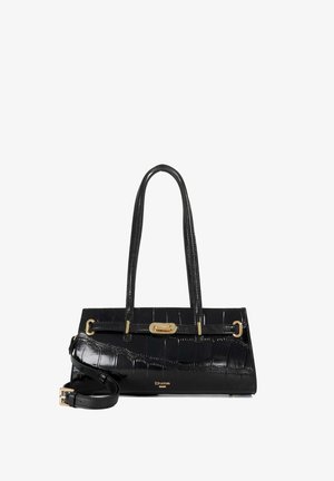 Sac à main noir embossé effet crocodile avec double poignée, boucle dorée, bandoulière amovible et logo « Dune » à l'avant.