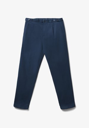 Navy blue tailored trousers with pleats, side pockets, buttoned waistband, and straight-leg cuffs, displayed on white background.