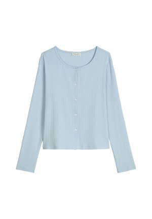 Light blue ribbed long-sleeve cardigan with round neckline and five small white buttons down the front.