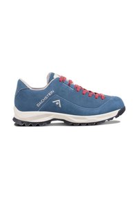 Blaue Wildleder-Wanderschuhe mit roten Schnürsenkeln, weißen Akzenten und strukturiertem Gummisole. Mit Markenlogo an der Seite und schützendem Zehenschutz.