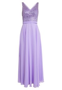 Laventelinvärinen mekko, jossa on paljetein koristeltu V-kaula-aukko ja liehuva hame. Kangas on kevyt ja sileä, luoden elegantin siluetin.
