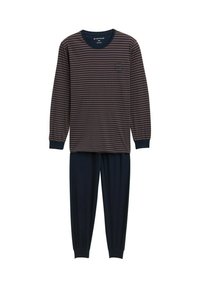 Marine gestreepte pyjama-top met lange mouwen en ronde hals, en een elastische tailleband bij de broek in effen marineblauw. Gemaakt van zachte stof voor comfort.