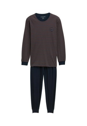 Navy-stribede pyjamatop med lange ærmer og rund hals samt bukser med elastisk talje i ensfarvet navy. Fremstillet af blødt stof for komfort.