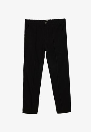 Sorte, lige bukser lavet af et blødt stof med to forlommer, en knaplukning og synlige frontfolder. Glat tekstur.