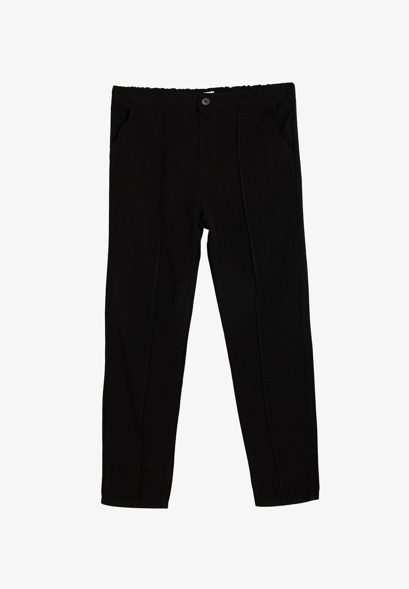 Sorte, lige bukser lavet af et blødt stof med to forlommer, en knaplukning og synlige frontfolder. Glat tekstur.