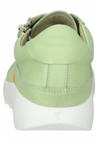 Green leather sneaker with a rounded back, white sole, and contrasting orange accent. Smooth texture and simple design.
