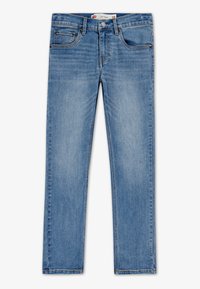 Jeans en denim bleu avec une coupe slim, dotés de cinq poches, de surpiqûres contrastées et d'une fermeture à bouton. Texture douce et finition délavée.