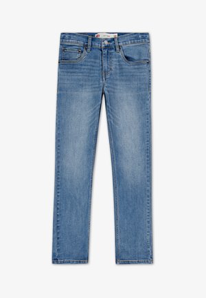 Siniset farkut slim-fit-tyylillä, joissa on viisi taskua, kontrastiväriset saumat ja nappikiinnitys. Pehmeä rakenne ja vaaleampi pesu.