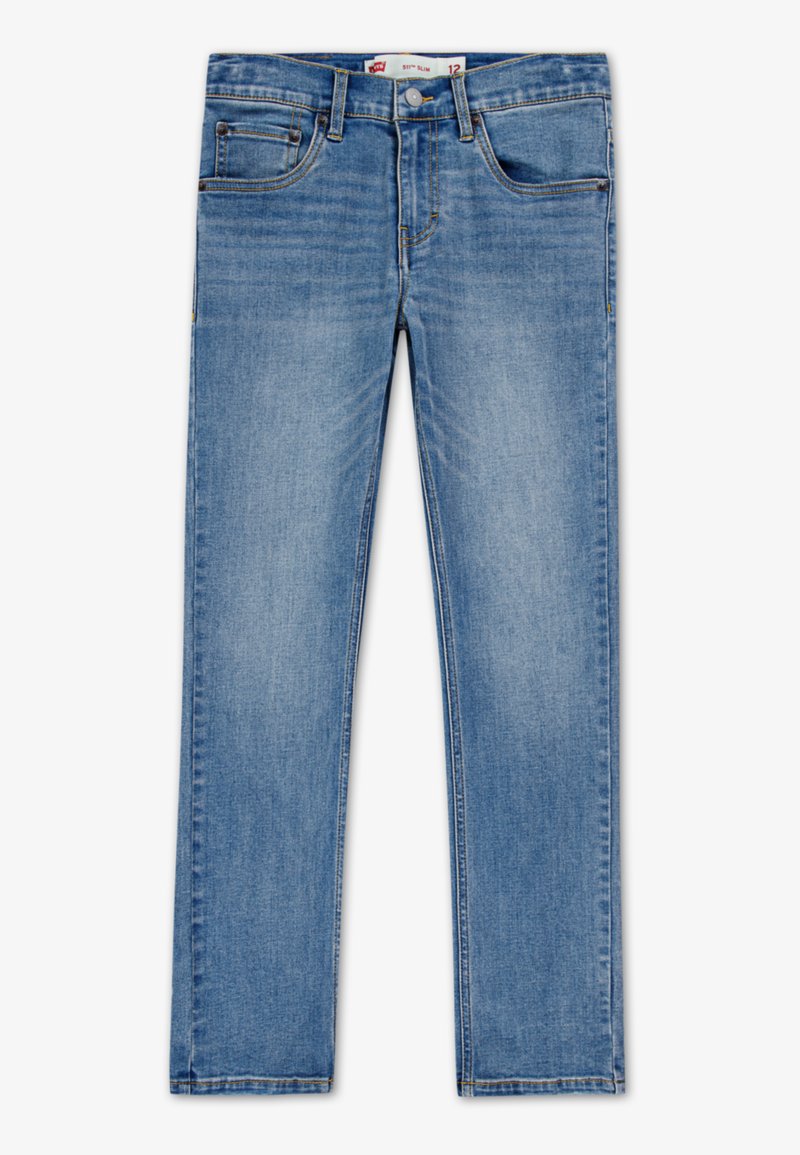 Jeans en denim bleu avec une coupe slim, dotés de cinq poches, de surpiqûres contrastées et d'une fermeture à bouton. Texture douce et finition délavée.